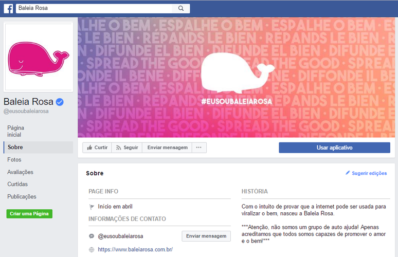 A página no Facebook da "Baleia Rosa" já tem mais de 264 mil curtidas desde que foi criada, no início de abril.