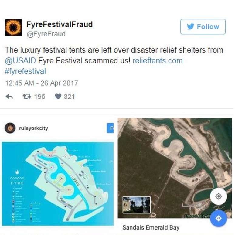 Usuário diz que tendas usadas no festival são sobras da agência americana de ajuda internacional, que costuma usá-las em desastres