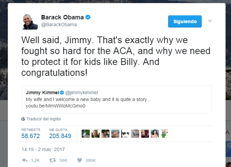 "Isso mesmo, Jimmy. É exatamente por isso que lutamos tanto pela ACA (Obamacare), e porque precisamos protegê-lo para crianças como Billy. E parabéns!", escreveu Obama.