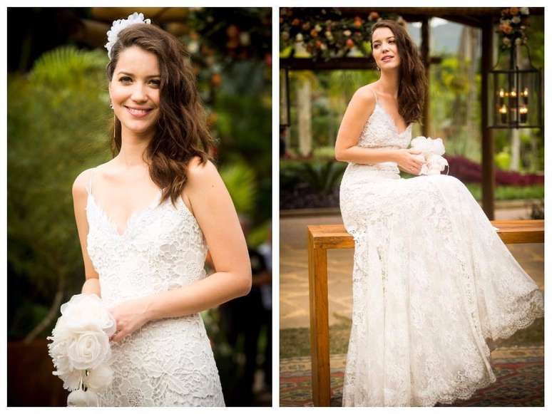 Nathalia Dill exibe o modelo &ldquo;Odeth&rdquo;, da Julia Pak. &Eacute; semi-sereia em sobreposi&ccedil;&atilde;o de rendas chantilly e guipure. Tem detalhe em renda em formato de pena no decote. Custa R$ 7,7 mil.