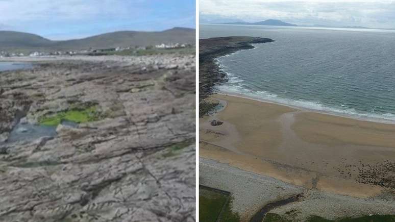 O antes e depois da praia de Dooagh: à esquerda, como ela ficou após as tempestades de 1984; à direita, a nova praia que surgiu no local.