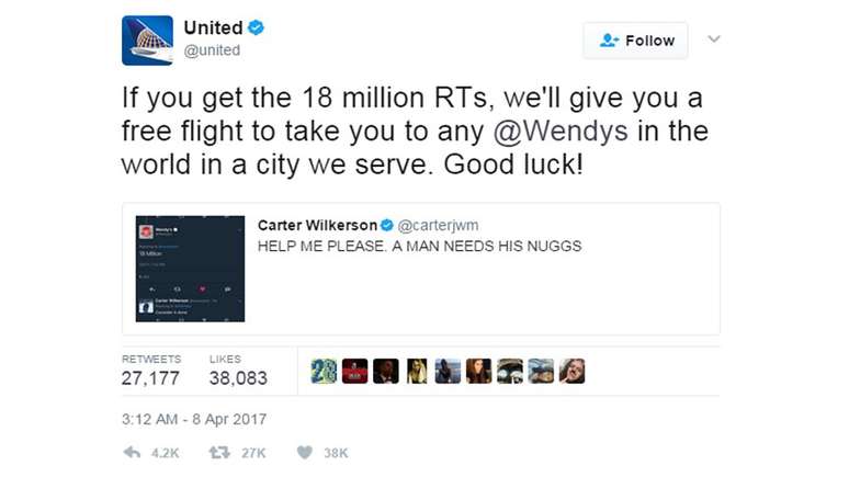 A oferta da United Airlines, que disse que transportaria Wilkerson a qualquer restaurante Wendy's do mundo