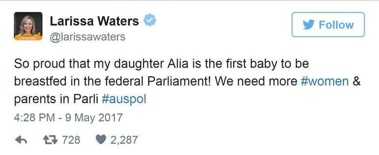 'Muito orgulhosa que minha filha Alia é a primeira bebê a ser amamentada no Parlamento federal', escreveu a senadora australiana no Twitter