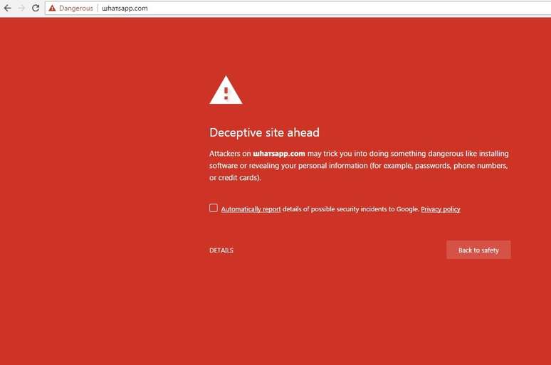Imagem de alerta diz que p&aacute;gina pode ser perigosa