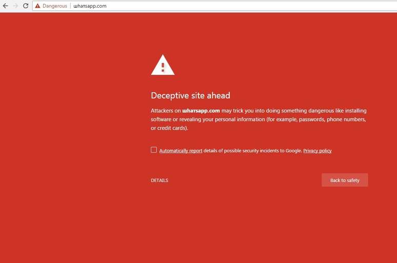 Imagem de alerta diz que página pode ser perigosa