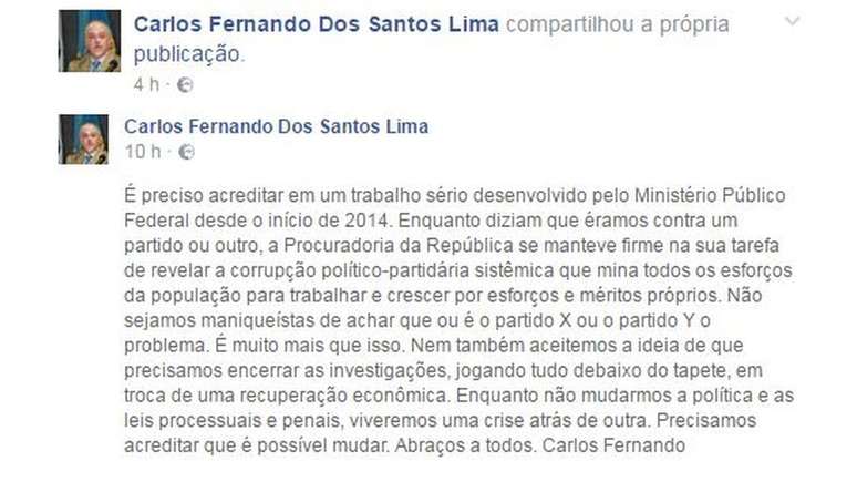 'Enquanto diziam que éramos contra um partido ou outro, a Procuradoria da República se manteve firme na tarefa de revelar corrupção político-partidária sistêmica', disse Carlos Fernando dos Santos Lima