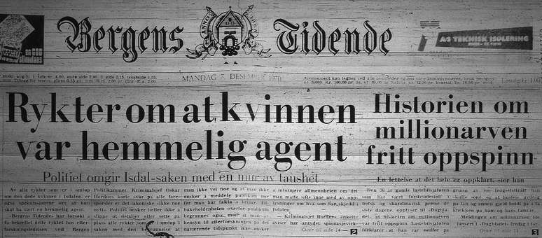 Manchete do jornal Bergens Tidende: "Rumores apontam que a mulher era uma agente secreta"
