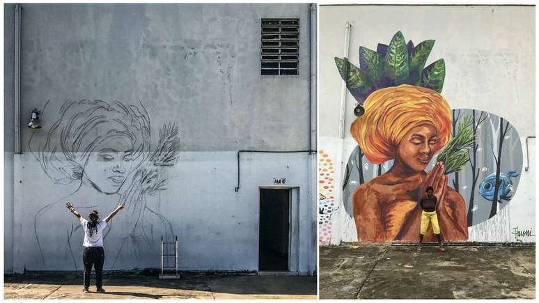 Priscila Amoni no come&ccedil;o do trabalho (&agrave; esq.) e uma paciente do hospital em frente &agrave; obra conclu&iacute;da