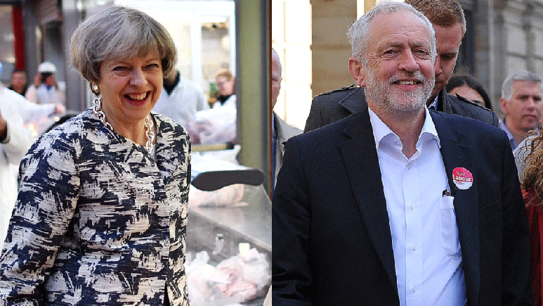 Theresa May e Jeremy Corbyn durante a campanha eleitoral