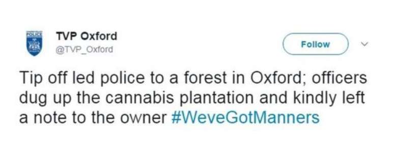 No Twitter da polícia: 'Denúncia levou polícia até bosque em Oxford; agentes removeram plantação de cannabis e gentilmente deixaram um bilhete para o dono #WeveGotManners'