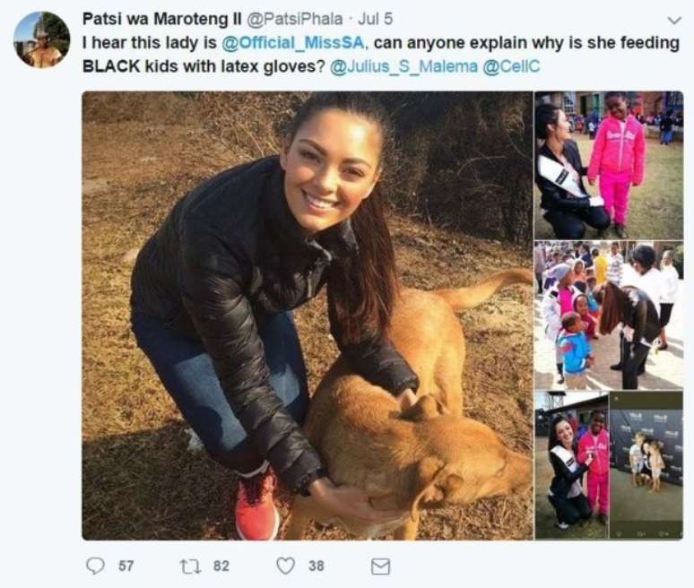 Usuários do Twitter compartilharam fotos de miss com cachorro e crianças brancas sem luvas 