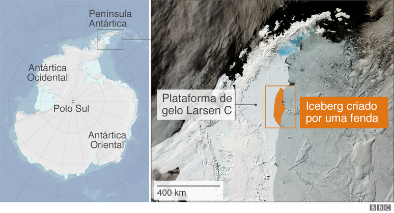 A separação causada pela fenda transformou a paisagem da Península Antártica para sempre 