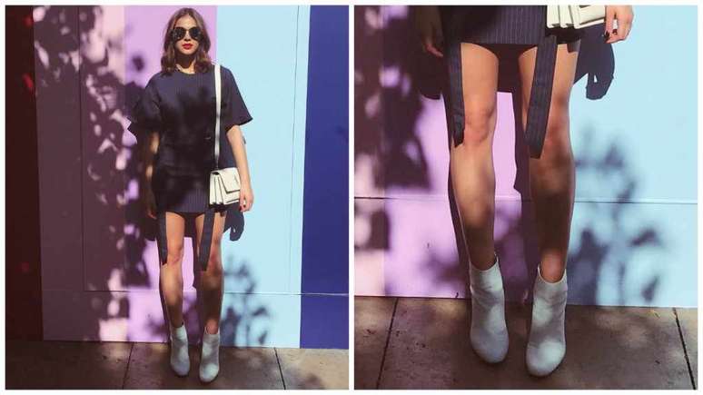 Bruna Marquezine e seu look curto de botas brancas - Fotos: Reprodução/Instagtam/@brumarquezine