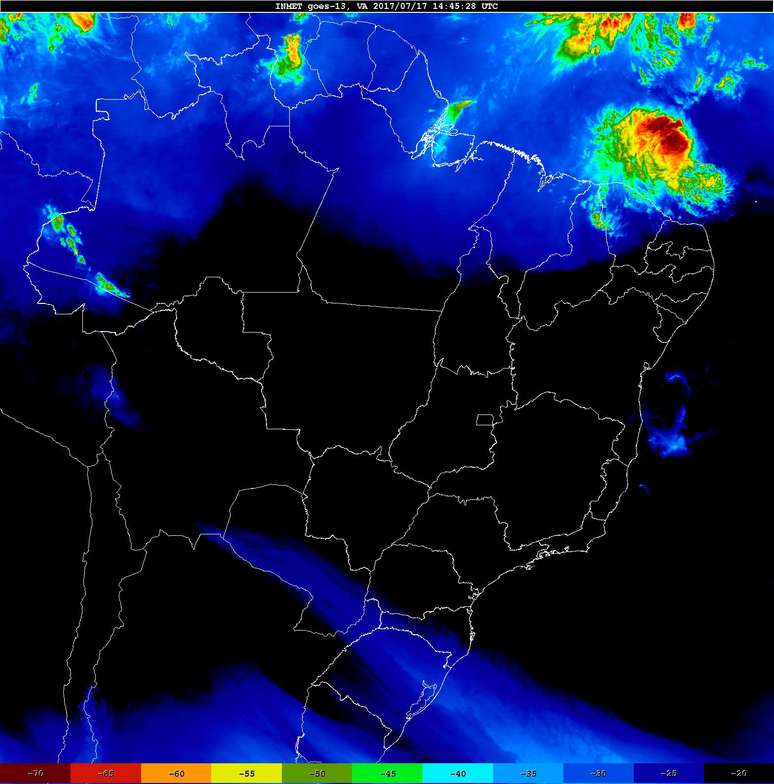 Imagem de satélite mostra o avanço da frente fria no Sul do Brasil