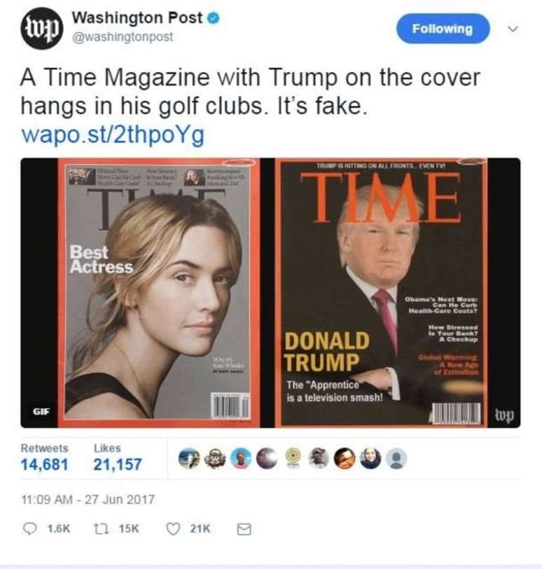 O presidente dos EUA, Donald Trump, usou uma imagem adulterada da capa da revista &#034;Time&#034; em seus clubes de golfe, para parecer que tinha sido realmente retratado naquela edição