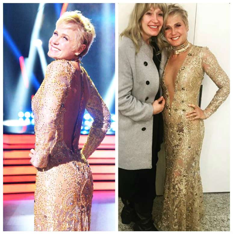 Xuxa, ao lado de MichellyX: vestido bordado com cristais na estreia da 2ª temporada de Dancing Brasil (Fotos: Reprodução/Instagram)