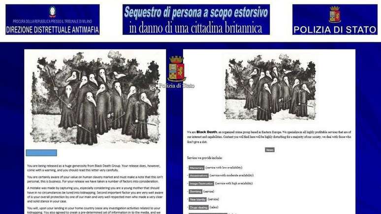 Polícia da Itália divulgou documentos supostamente relacionados à organização criminosa responsável pelo sequestro da modelo 