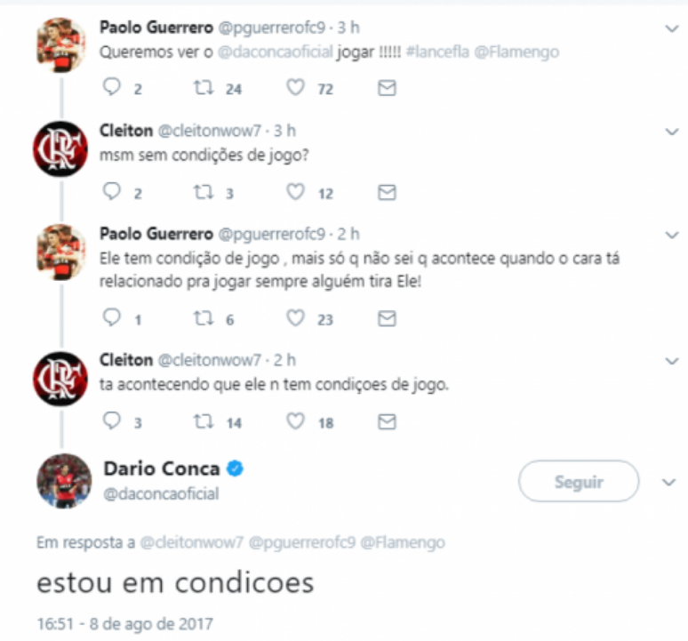 Conca afirmou estar em condições de jogo (Reprodução/Twitter)