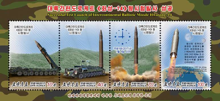 Selo é emitido em comemoração ao lançamento do teste bem sucedido do míssil balístico intercontinental &#034;Hwasong-14&#034; em Pyongyang em 8 de agosto de 2017.
