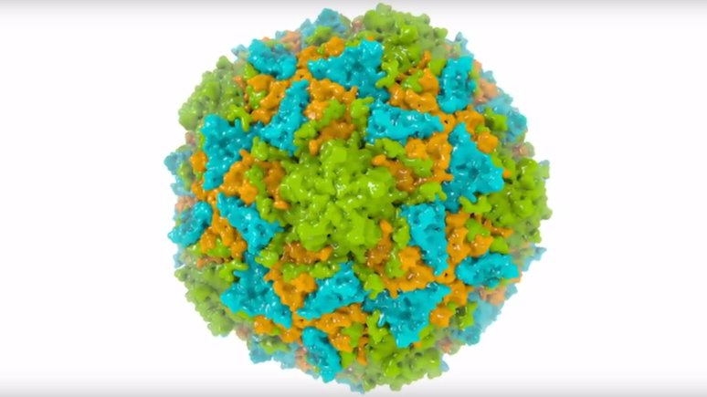 Imagem da part&iacute;cula que imita o v&iacute;rus, feita pelo Diamond Light Source