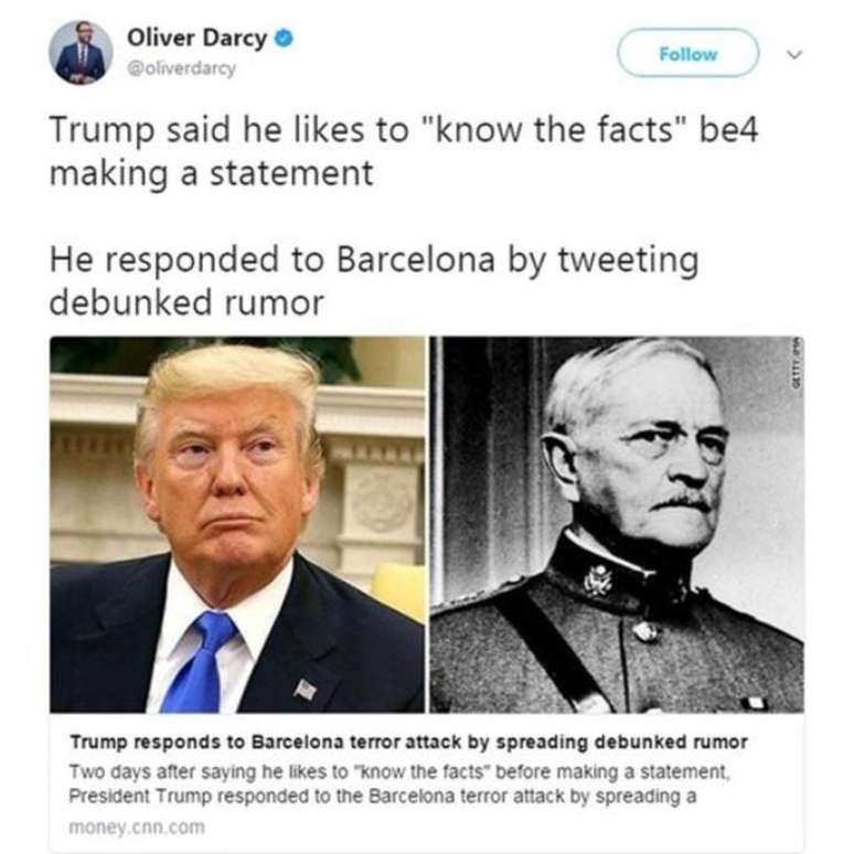&#034;Trump disse que gosta de &#039;saber dos fatos&#039; antes de fazer um comentário. Ele reagiu a Barcelona tuitando um rumor desacreditado&#034;, escreveu o jornalista Oliver Darcy no Twitter