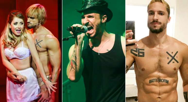 Felipe Mafra em cena de ‘Rocky Horror Show’, cantando em ‘Nas Trilhas Sonoras’ e numa selfie na qual se vê o título da música de sua vida tatuado no abdômen