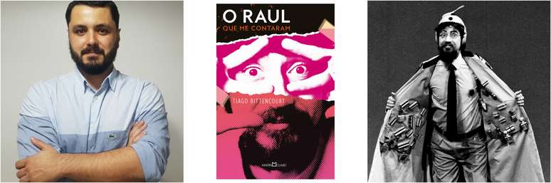 O autor Tiago Bittencourt, a capa do livro e Raul Seixas no especial da Globo ‘Plunct, Plact, Zuuum’