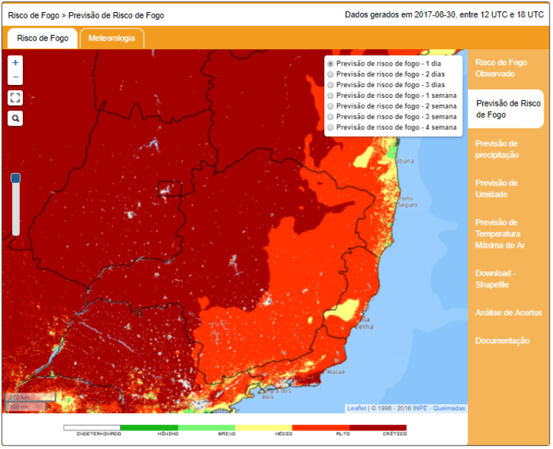 O mapa mostra a metade de Minas Gerais como nível “crítico” para queimadas.