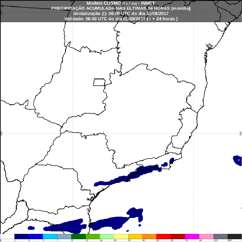 Mapa mostra a quantidade de chuva acumulada nas últimas 24 horas na região Sudeste do Brasil