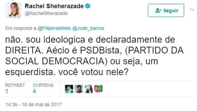 Reprodu&ccedil;&atilde;o de tu&iacute;te de Rachel Sheherazade em que ela sustenta a opini&atilde;o de que o PSDB &eacute; de esquerda
