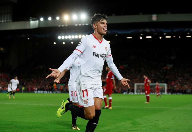 Joaquin Correa comemora gol do Sevilla contra o Liverpool 
 13/9/2017    Action Images via Reuters/Jason Cairnduff