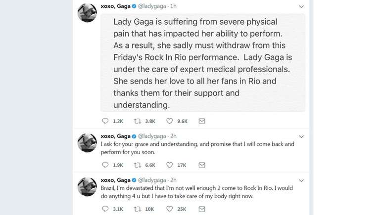 mensagens no Twitter de Lady Gaga comunicando que não viria ao Brasil para Rock in Rio
