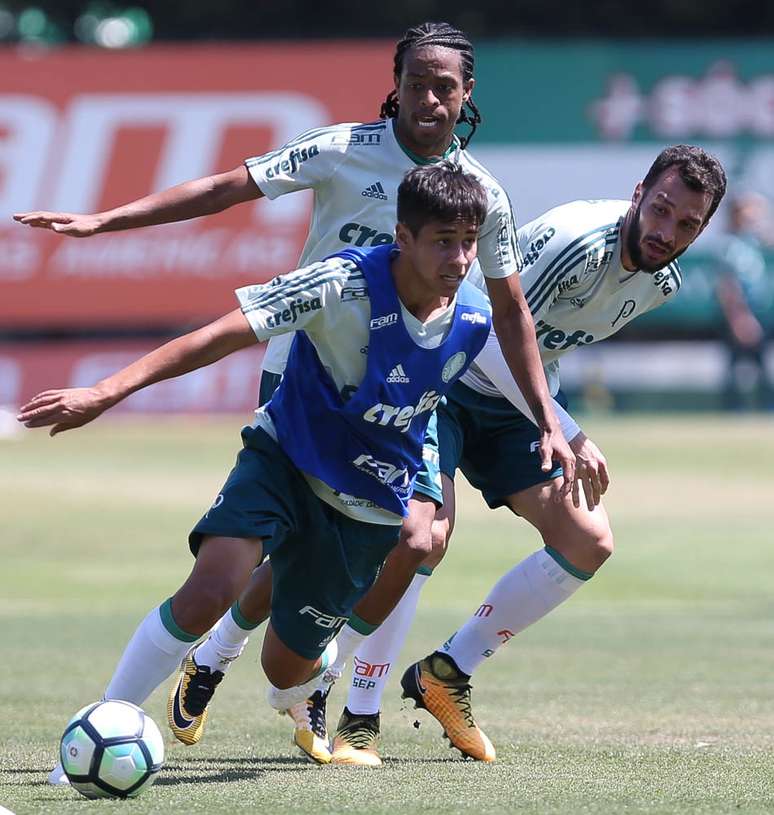 Keno e Edu Dracena participam de lance no treino do Palmeiras