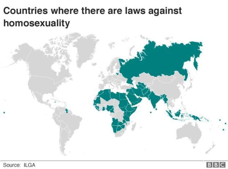 Mapa mostrando países onde há leis contra homossexuais