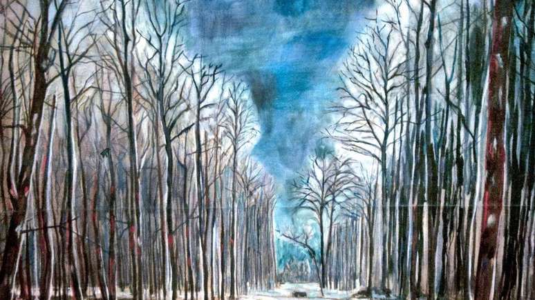 O artista alemão Anselm Kiefer frequentemente pintava florestas proibidas em seus quadros, como esse detalhe de Resurrexit 1973 (Crédito: Peter Horee/Alamy) 