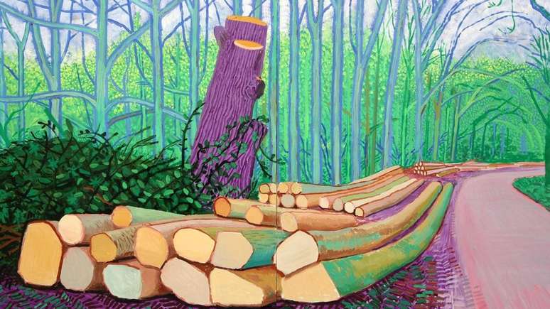 'Hockney faz as árvores brilharem com energia e cores inesperadas', diz a escritora Fiona Stafford, sobre Felled Trees (Árvores Caídas), de 2008 (Crédito: Alamy) 