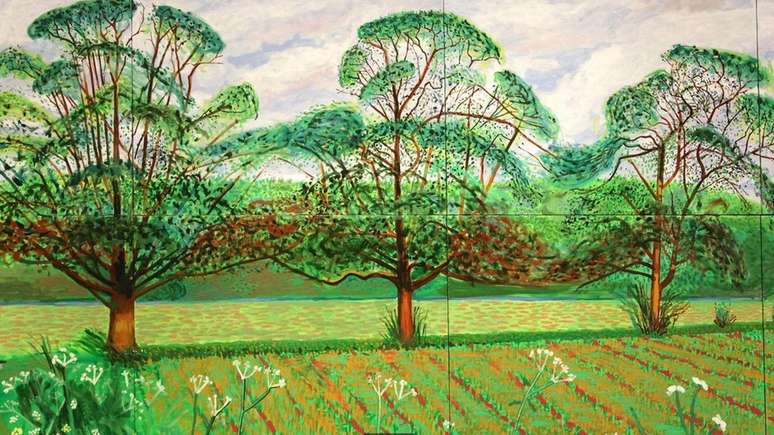 A floresta nativa de David Hockney em Yorkshire (Reino Unido) inspirou sua série de pinturas e desenhos para iPad, incluindo 'Três Árvores perto de Thixendale' de 2008 (Crédito: Alamy) 