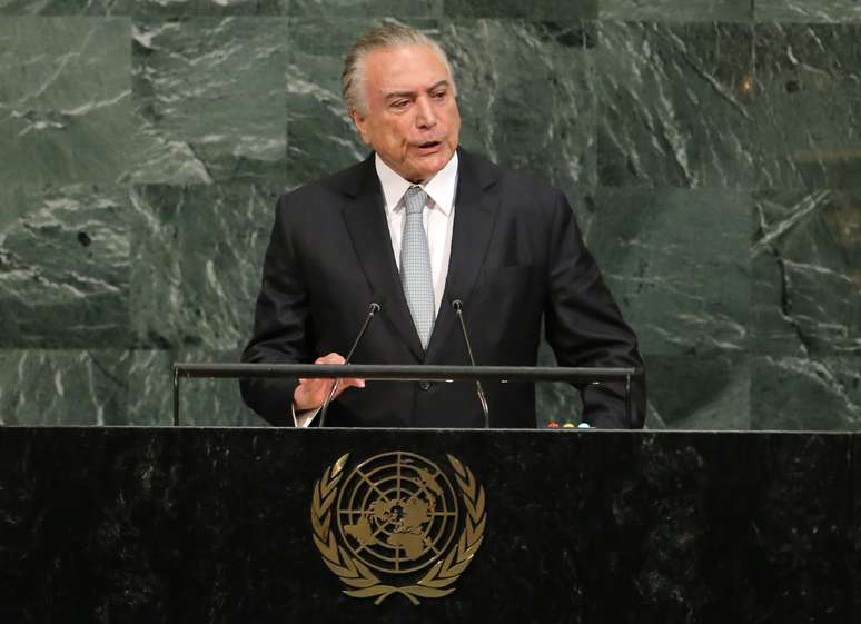 Presidente Michel Temer, durante pronunciamento na Assembleia Geral da ONU, em Nova York  19/09/2017 REUTERS/Lucas Jackson