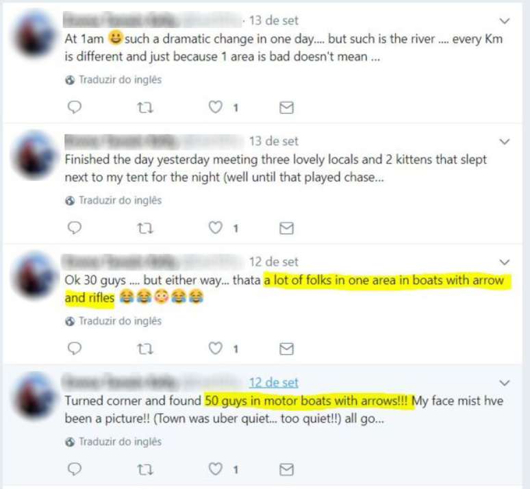 Reprodução de tuites da britânica em que ela descreve ter visto homens armados