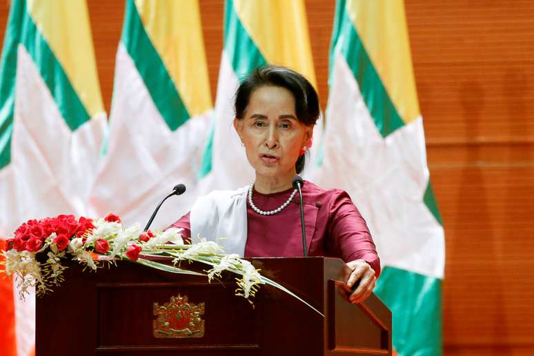 Líder de Mianmar, Aung San Suu Kyi, durante pronunciamento em Naypyitaw, Mianmar 19/09/2017 REUTERS/Soe Zeya Tun