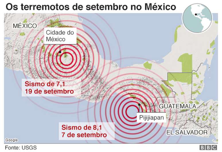 Mapa com a localização dos últimos terremotos no México