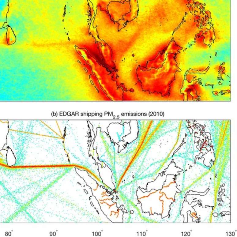 Mapas mostram paralelos entre emissões e ocorrência de raios. Foto: Thornton et al 