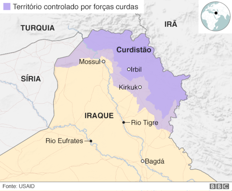 Mapa das áreas ocupadas pelos curdos no Iraque