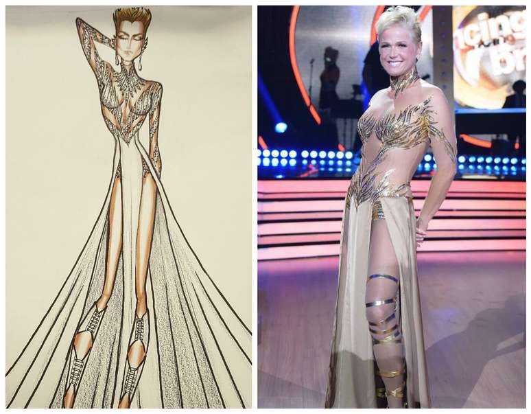 Croquis de Marcelo Cavalcante e look pronto de Xuxa (Fotos: Reprodu&ccedil;&atilde;o/Instagram)