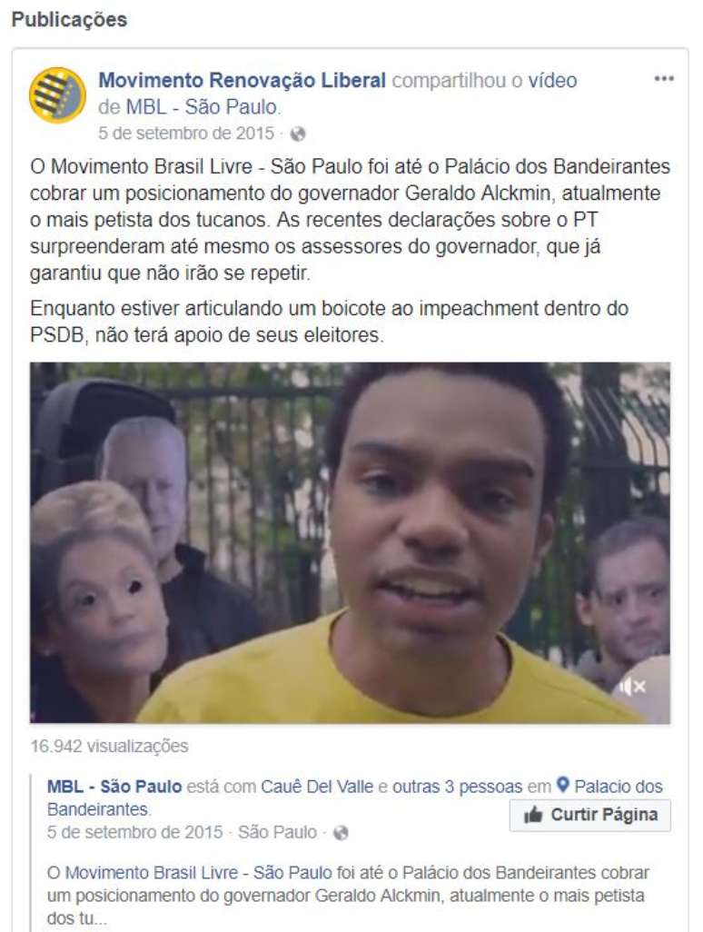 Reprodução de transmissão ao vivo na página do MRL no Facebook, com Fernando Holliday