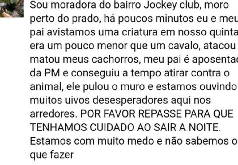 Relato de moradora em rede social no qual descreve o aparecimento de uma 'criatura um pouco menor que um cavalo' que teria atacado seus cachorros.