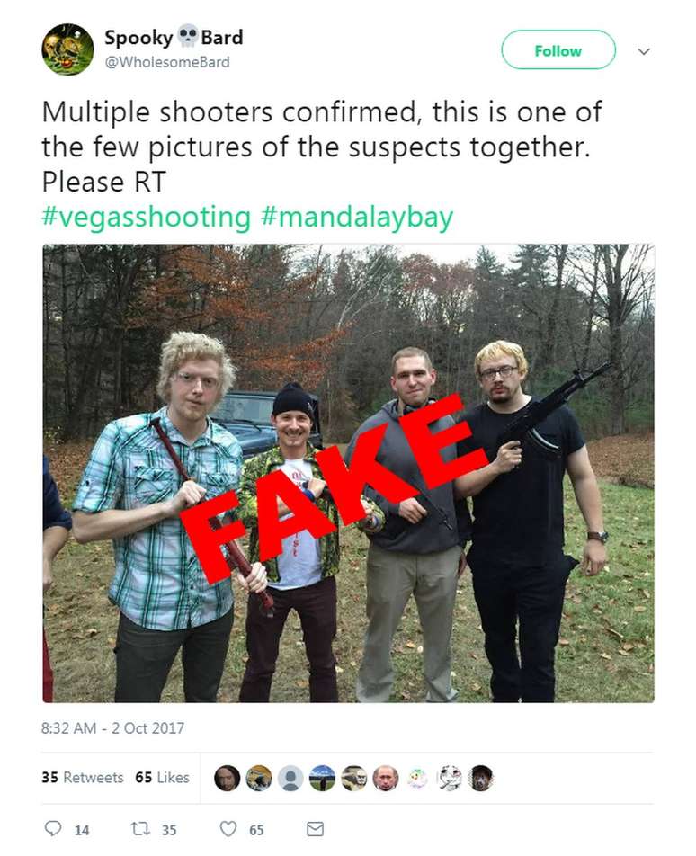 Montagem falsa coloca o humorista Sam Hyde (à direita) como um suposto atirador do tiroteio em Las Vegas (Crédito: Twitter) 