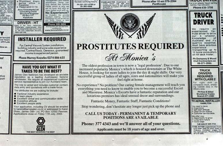Anúncio busca prostituta na Austrália