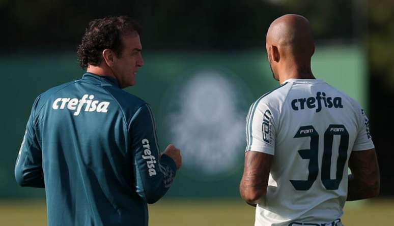 Cuca com Felipe Melo em treino do Palmeiras (Foto: Cesar Greco)