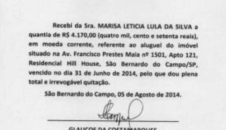 Cópia de recibo de aluguel entregue à Justiça pelo ex-presidente Lula com data de 31 de junho, inexistente no calendário